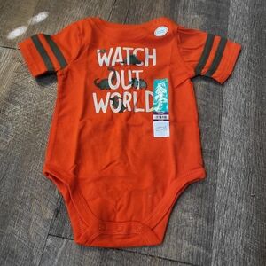 3/$12 Baby Boy Short Sleeved Snap Orange 'Watch Out World' Dino Onesie 12mos NWT